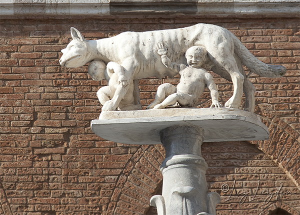 Statue of She-wolf with Romulus and Remus in Siena, Italy