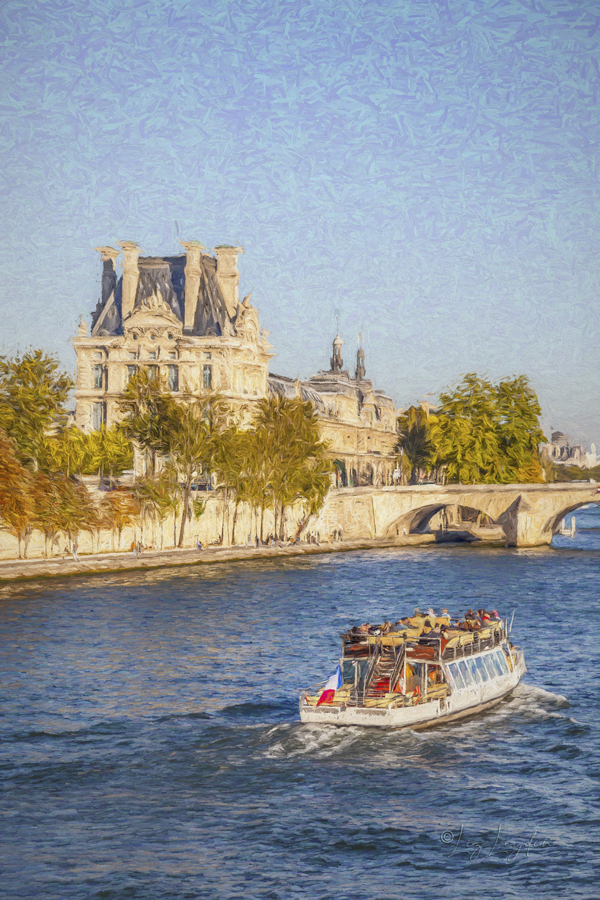 A Bateau Mouche coming up to the Louvre Museum, in central Paris, France.