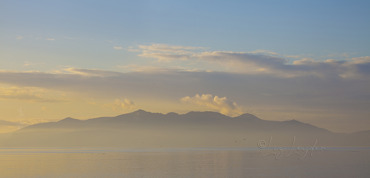 the Isle of Arran in misty, pastel light